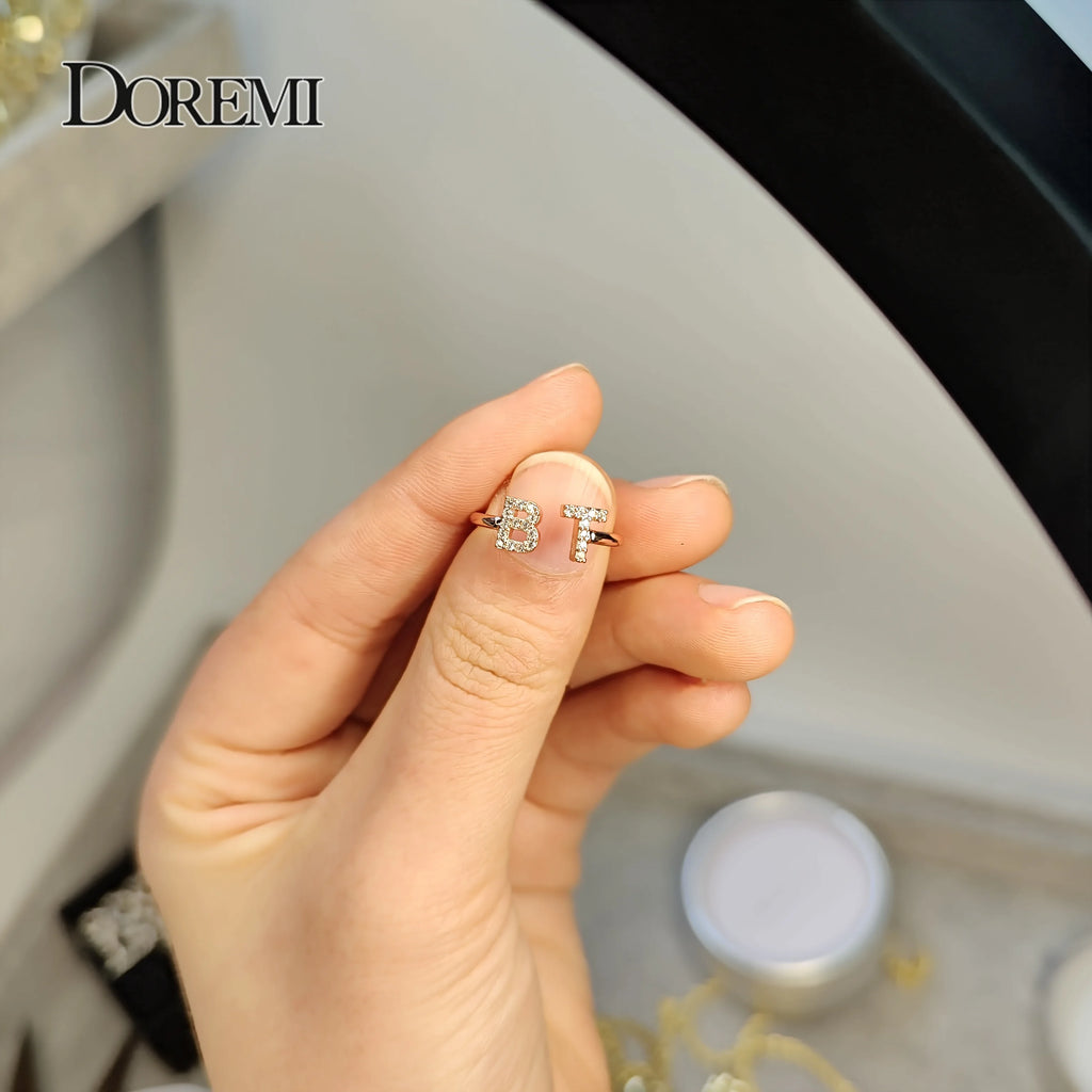 DOREMI Open Ring Custom Letter- Iced Out Zircon Stone with Geometric letters- Handmade Jewelry