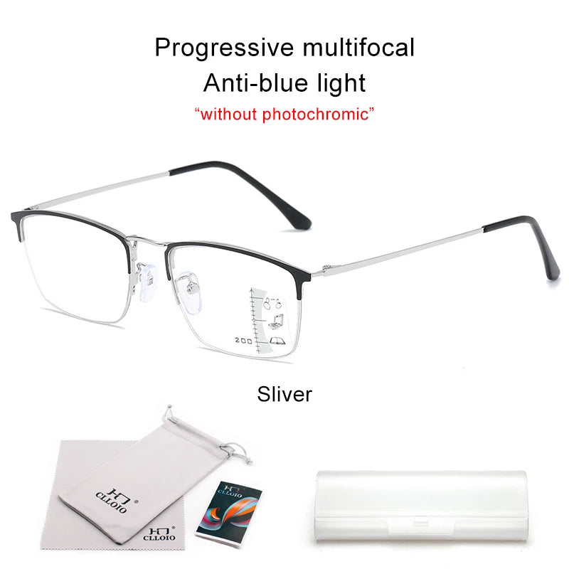 CLLOIO Titanium Alloy Photochromic Reading Glasses/ Progressive Multifocal with Anti Blue Light