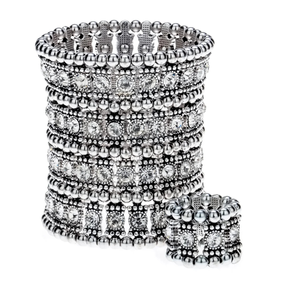 Multilayer stretch cuff bracelet/ ring set crystal jewelry women