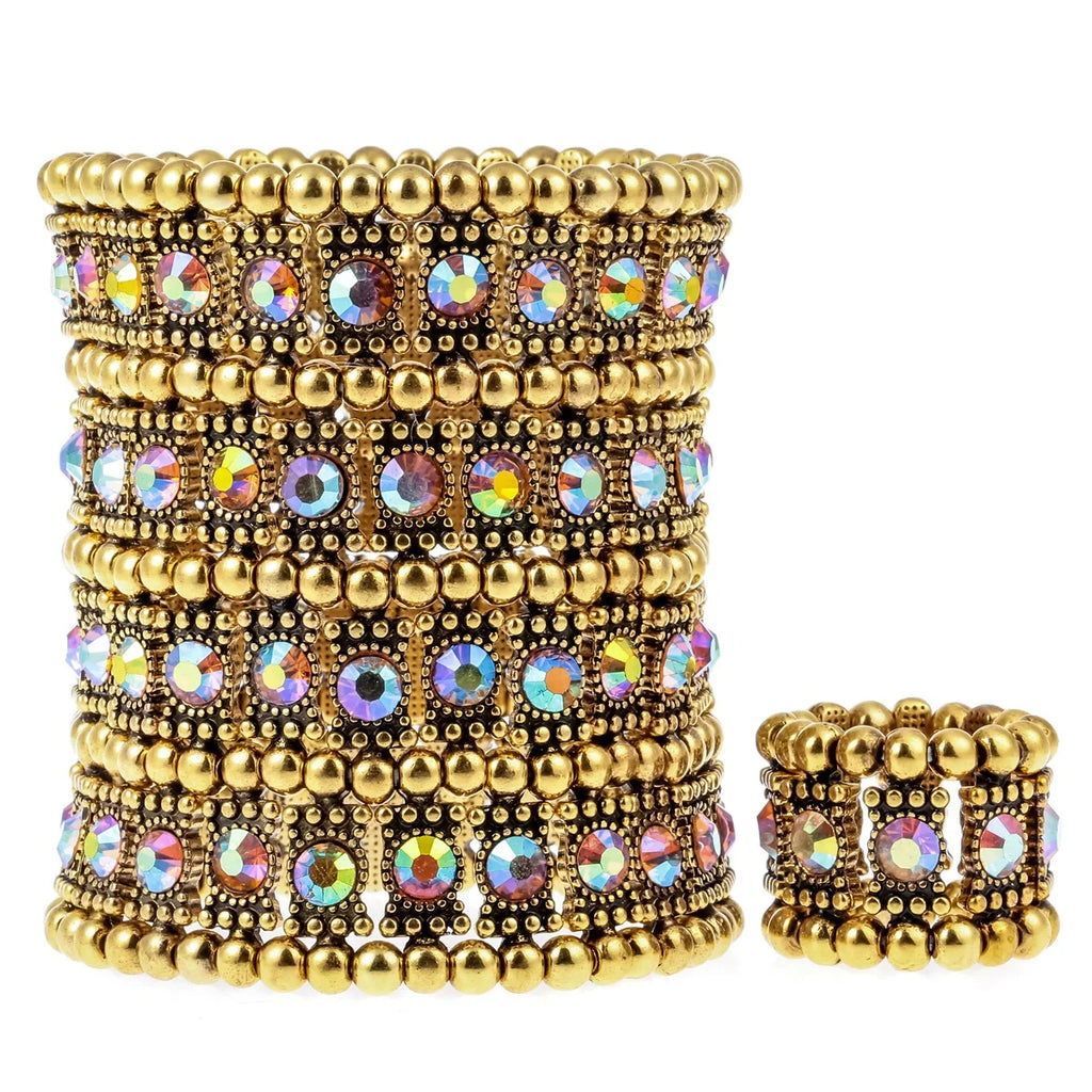 Multilayer stretch cuff bracelet/ ring set crystal jewelry women