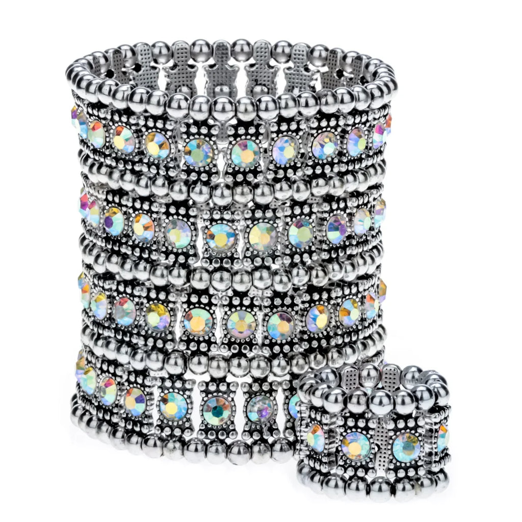 Multilayer stretch cuff bracelet/ ring set crystal jewelry women