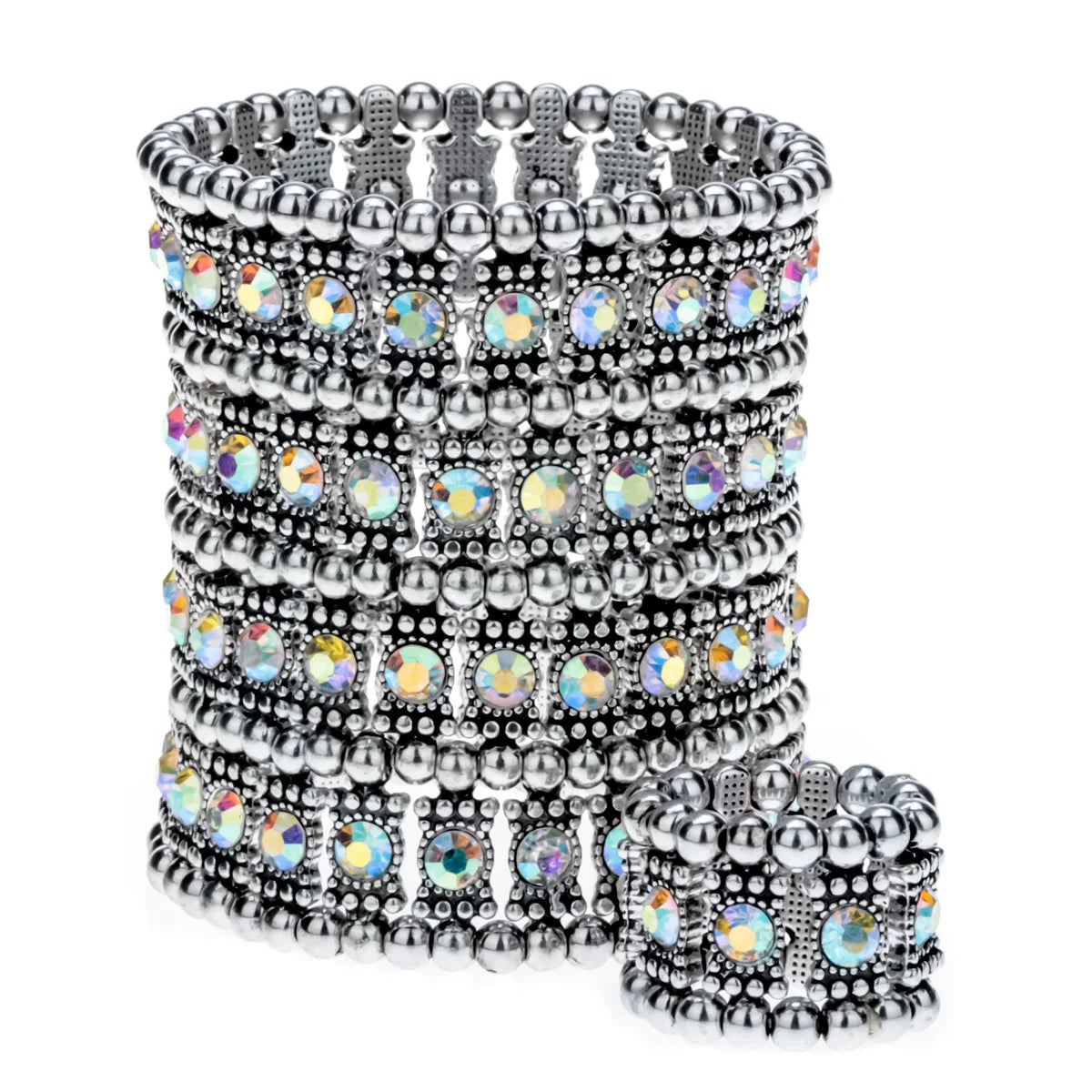 Multilayer stretch cuff bracelet/ ring set crystal jewelry women