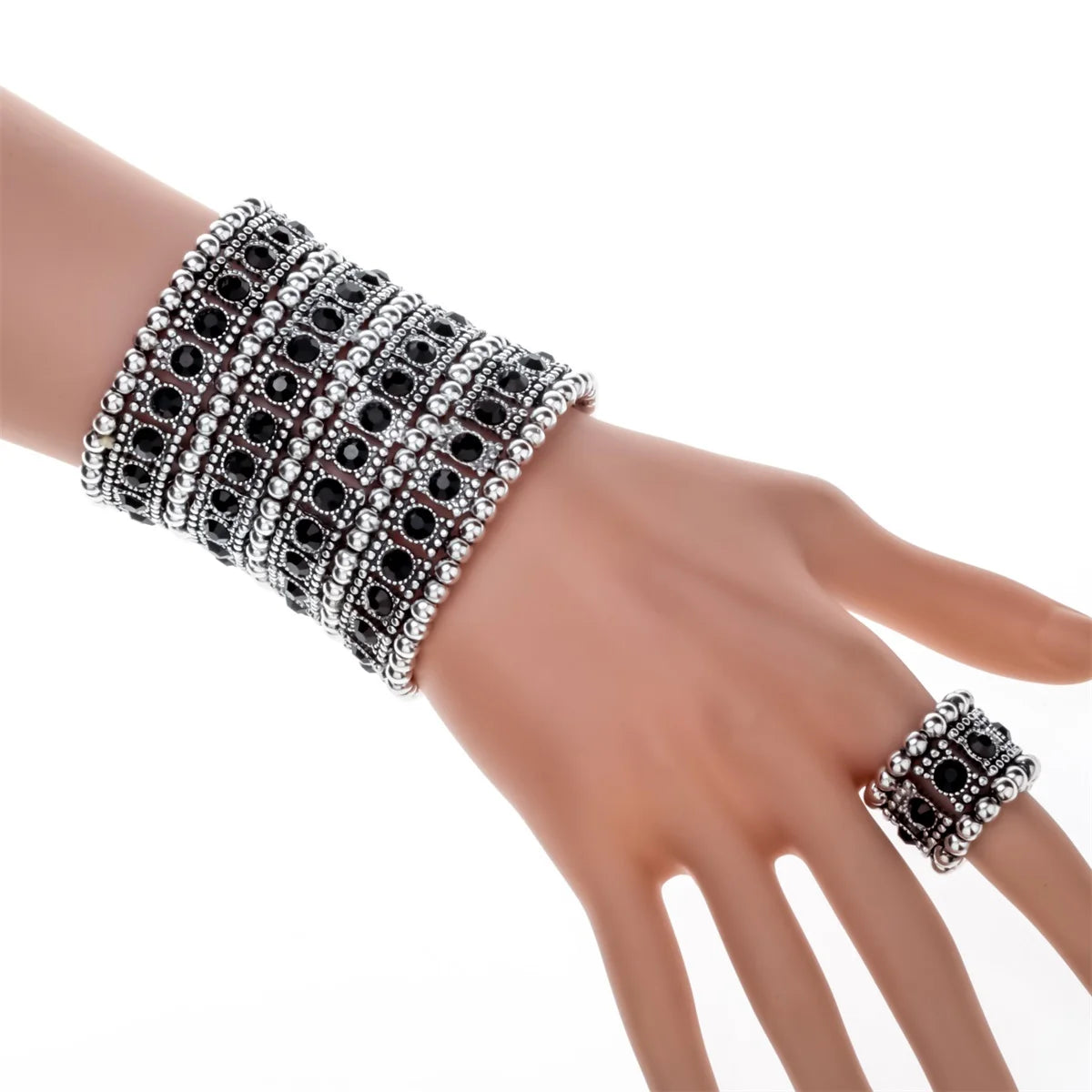 Multilayer stretch cuff bracelet/ ring set crystal jewelry women