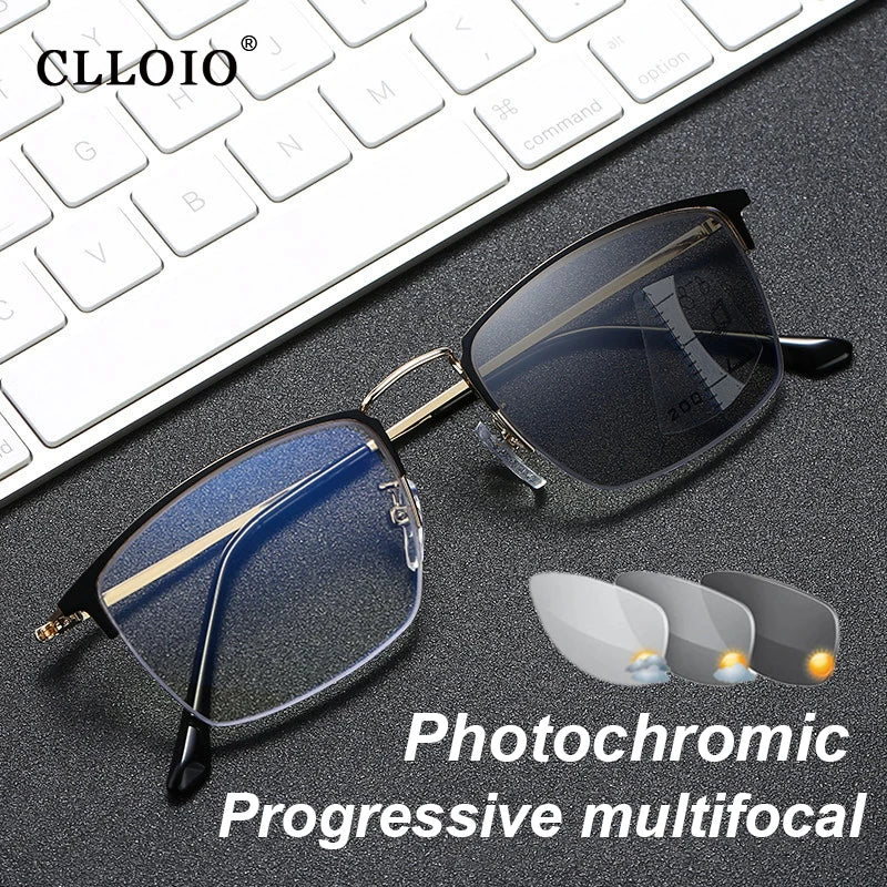 CLLOIO Titanium Alloy Photochromic Reading Glasses/ Progressive Multifocal with Anti Blue Light