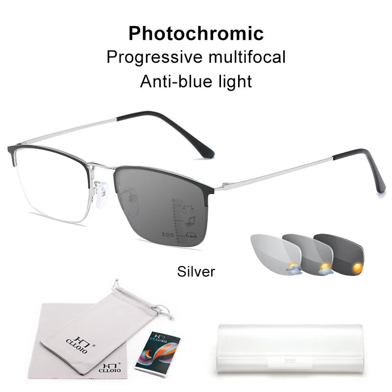 CLLOIO Titanium Alloy Photochromic Reading Glasses/ Progressive Multifocal with Anti Blue Light