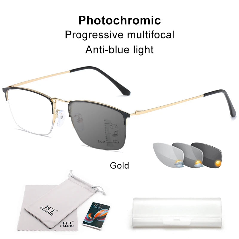 CLLOIO Titanium Alloy Photochromic Reading Glasses/ Progressive Multifocal with Anti Blue Light
