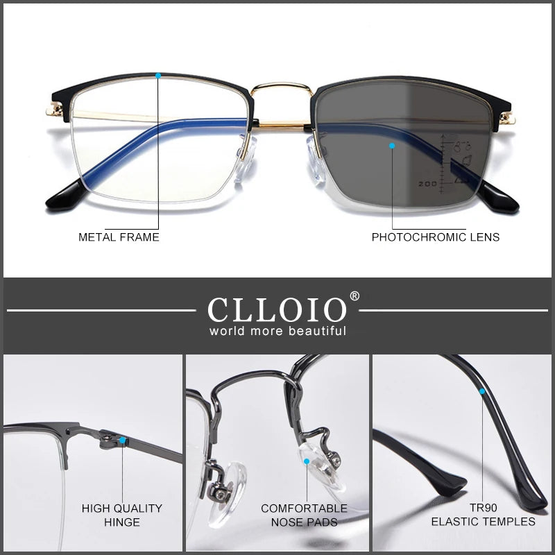 CLLOIO Titanium Alloy Photochromic Reading Glasses/ Progressive Multifocal with Anti Blue Light