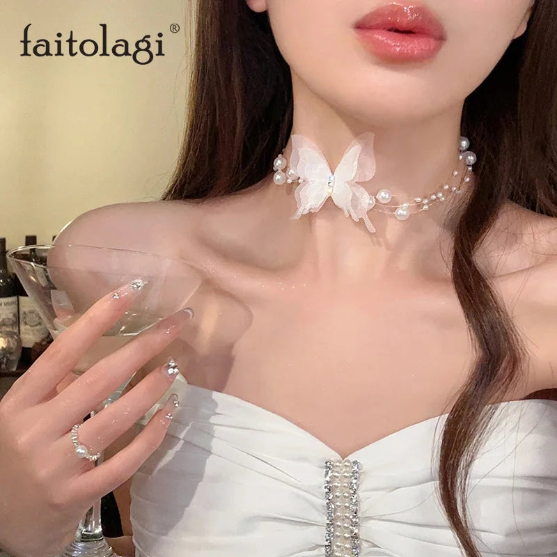 Butterfly Imitation Pearl Chain Choker Necklace/ Fairy Butterfly Layered Pearl Jewelry