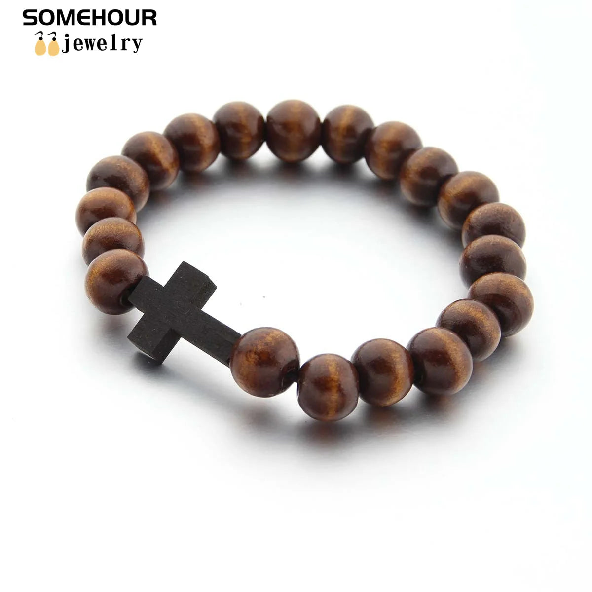 Vintage Cross Pendant Necklace and Bracelet 45cm Round Wood Beads- Rosary style