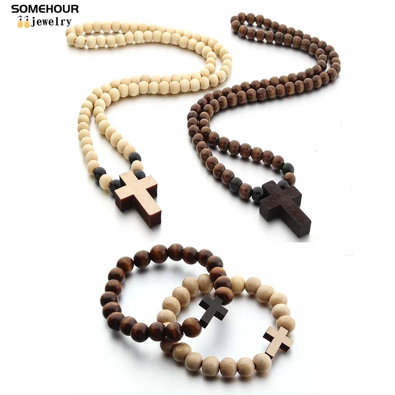 Vintage Cross Pendant Necklace and Bracelet 45cm Round Wood Beads- Rosary style