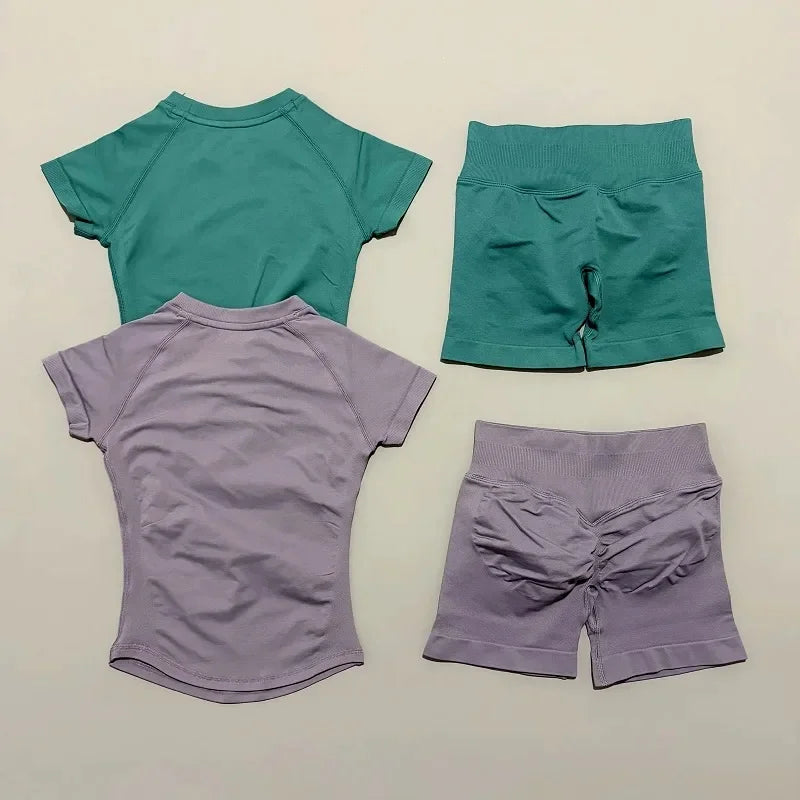 2 Pieces HISTELLO Sports Sets Short Sleeve Seamless Tops and Shorts
