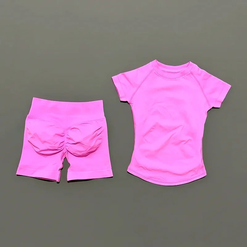 2 Pieces HISTELLO Sports Sets Short Sleeve Seamless Tops and Shorts