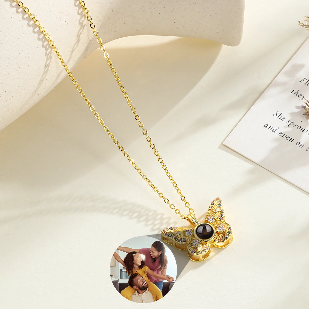 Custom Photo Projection Necklace- Women or Men Zircon Butterfly Pendant Necklace