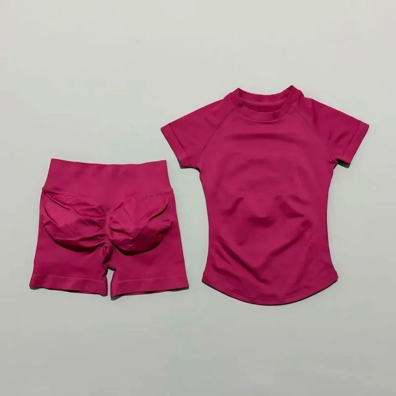 2 Pieces Sports Gym Sets Women Seamless Knitted Yoga Short Sleeve Top Fitness Set Workout Running Sports Short Leggings Suit