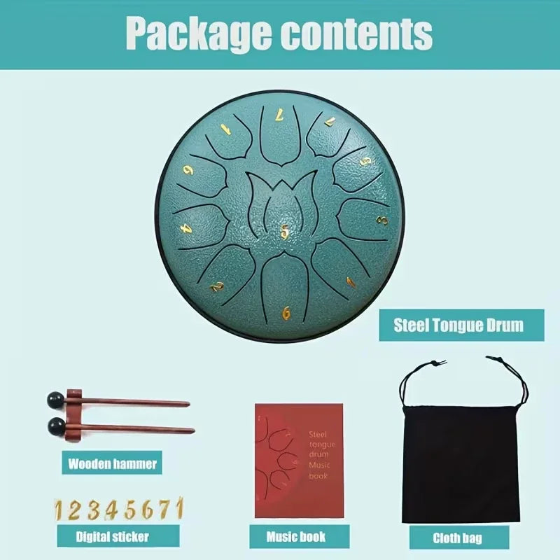 1PC Portable Steel Tongue Drum Set, 11 Notes- 6 Inch D-Key Drum Percussion Instrument for Zen Yoga Meditation