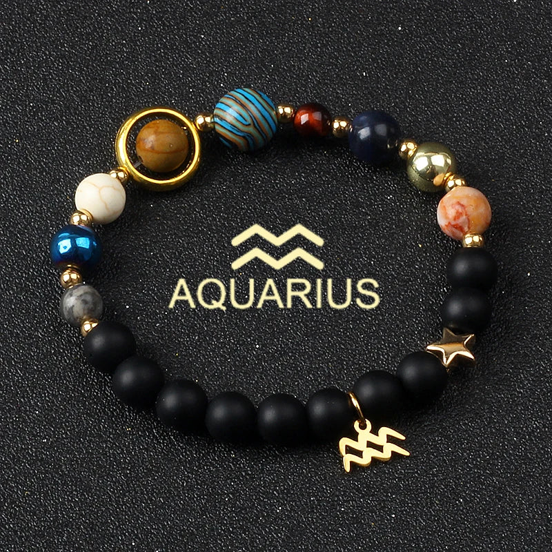 Universe Galaxy Eight Planets 12 Constellation Bracelets for Men and Women Natural Stone Solar System Bracelets Jewelry