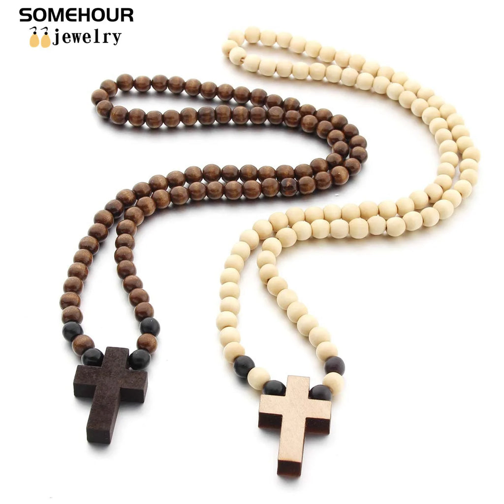 Vintage Cross Pendant Necklace and Bracelet 45cm Round Wood Beads- Rosary style