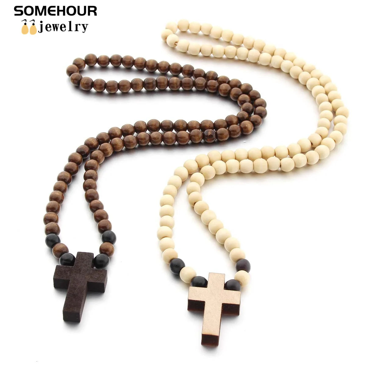 Vintage Cross Pendant Necklace and Bracelet 45cm Round Wood Beads- Rosary style