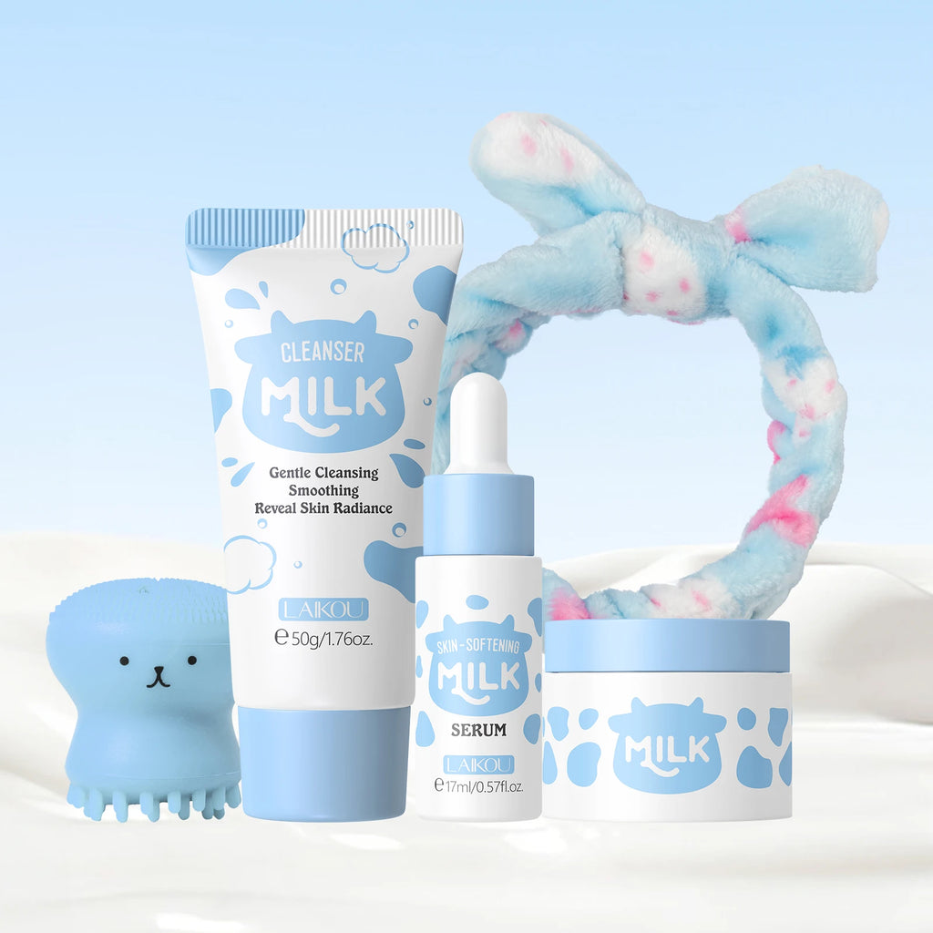 LAIKOU Milk Skincare Softening Serum Set. Moisturizing Cream- Gentle Cleanser- Brightening Hydration Travel Kit