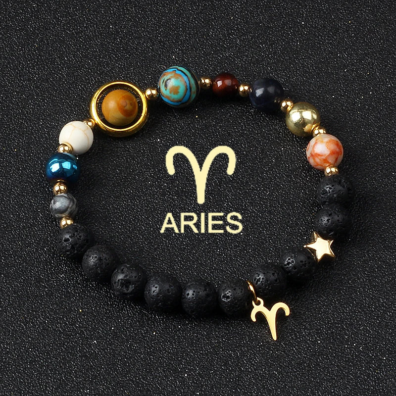 Universe Galaxy Eight Planets 12 Constellation Bracelets for Men and Women Natural Stone Solar System Bracelets Jewelry