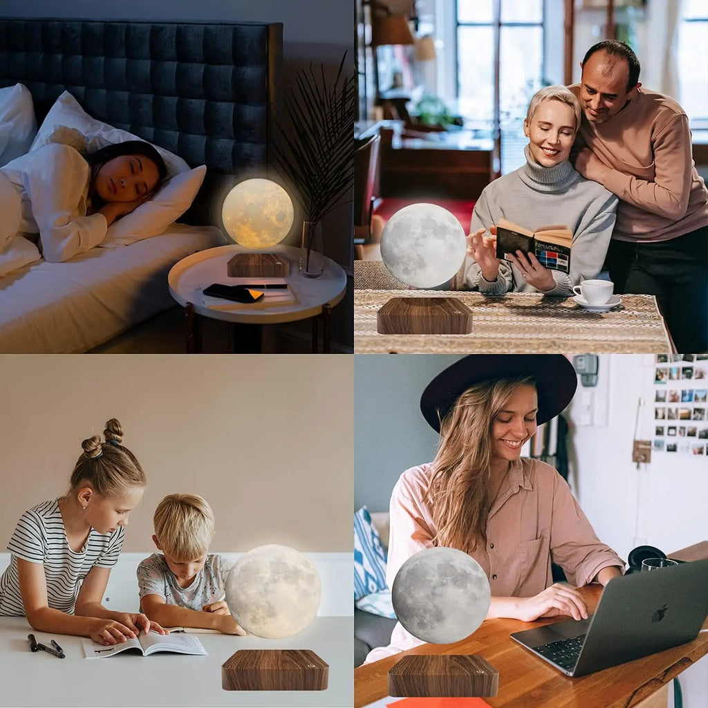 Magnetic Floating Rotating Moon Lamp with Wooden Base, 3 Color Temperature and LED Night Lights