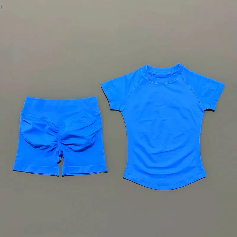 2 Pieces HISTELLO Sports Sets Short Sleeve Seamless Tops and Shorts
