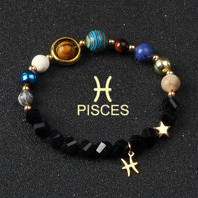 Universe Galaxy Eight Planets 12 Constellation Bracelets for Men and Women Natural Stone Solar System Bracelets Jewelry