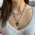 Summer Black Rhinestone Cross Jesus Pendant/Choker Necklace- Vintage Double Layer Chain