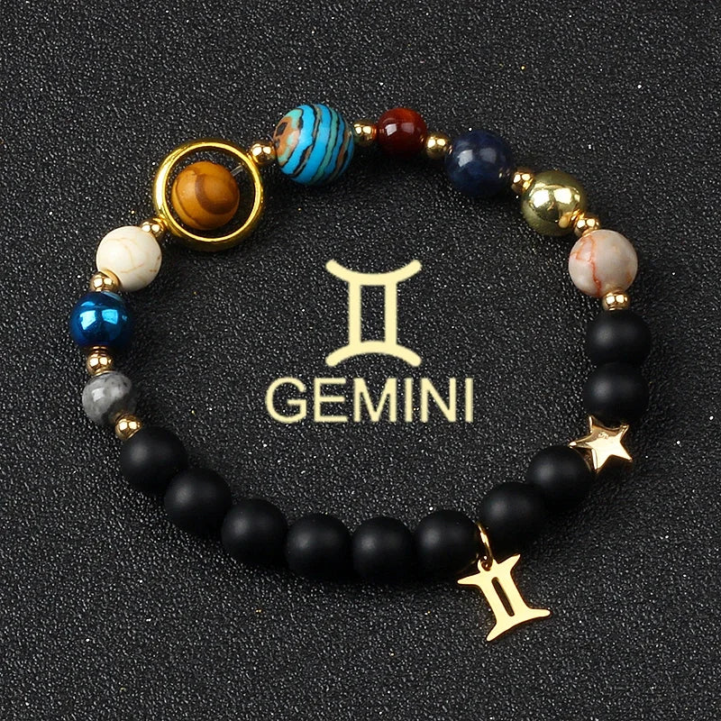 Universe Galaxy Eight Planets 12 Constellation Bracelets for Men and Women Natural Stone Solar System Bracelets Jewelry