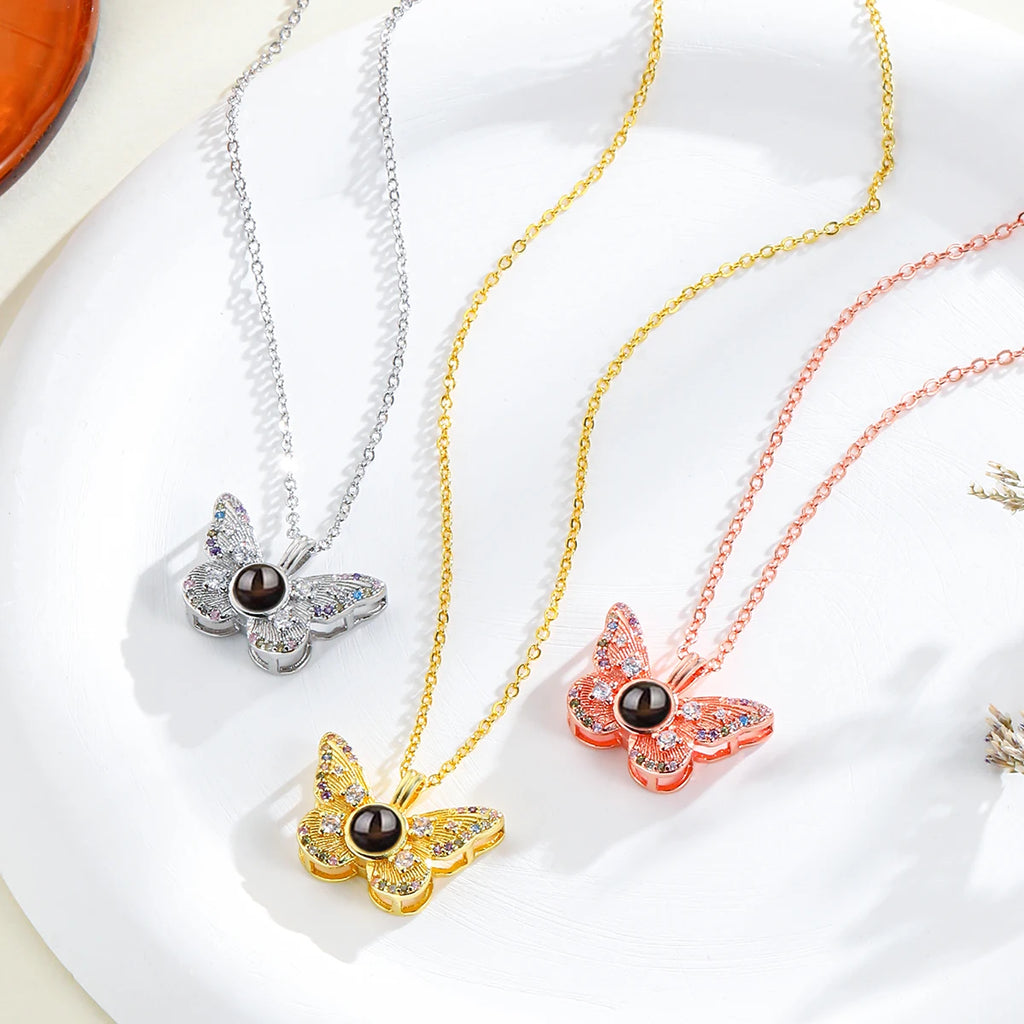 Custom Photo Projection Necklace- Women or Men Zircon Butterfly Pendant Necklace