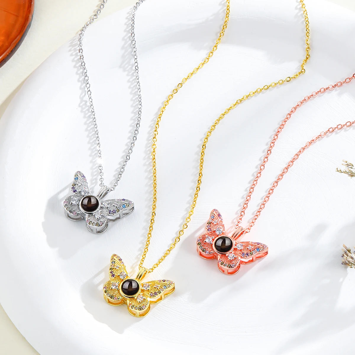 Custom Photo Projection Necklace- Women or Men Zircon Butterfly Pendant Necklace