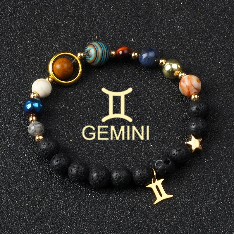 Universe Galaxy Eight Planets 12 Constellation Bracelets for Men and Women Natural Stone Solar System Bracelets Jewelry