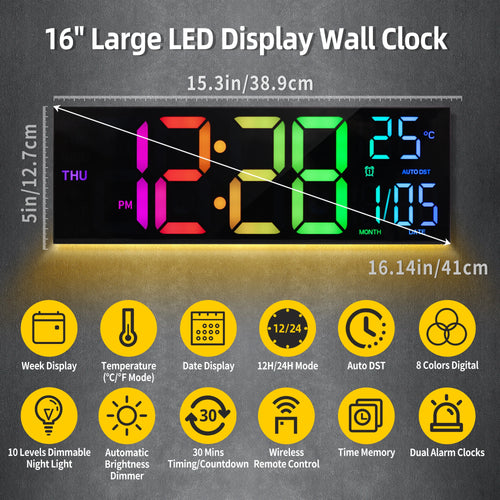 16" Large Digital Wall Clock, LED Display with Remote, Alarm, DST, and Temperature