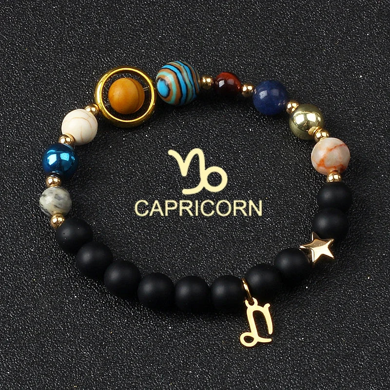 Universe Galaxy Eight Planets 12 Constellation Bracelets for Men and Women Natural Stone Solar System Bracelets Jewelry