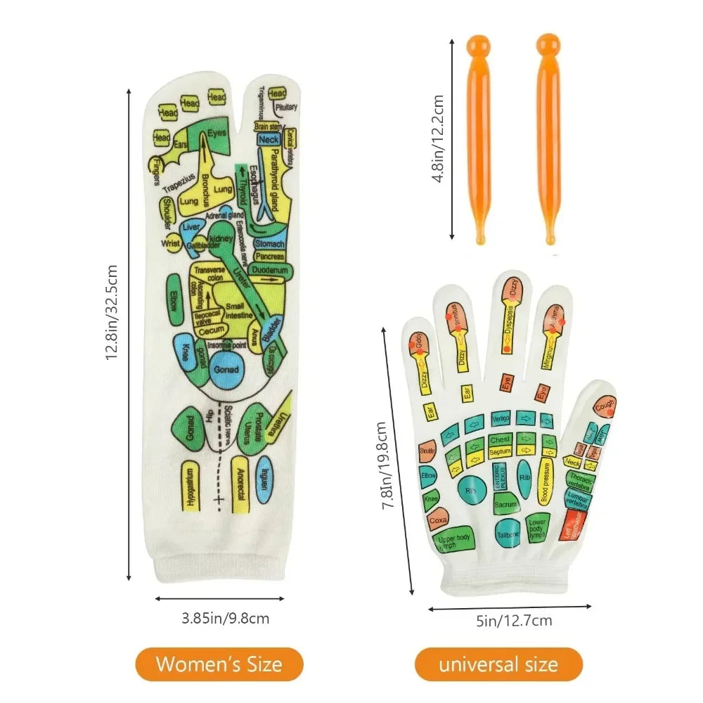 Set of Gloves and Set of Socks with Acupressure Foot Care Massage. Massager- Reflexology Socks for Foot Acupoint to relieve tired feet