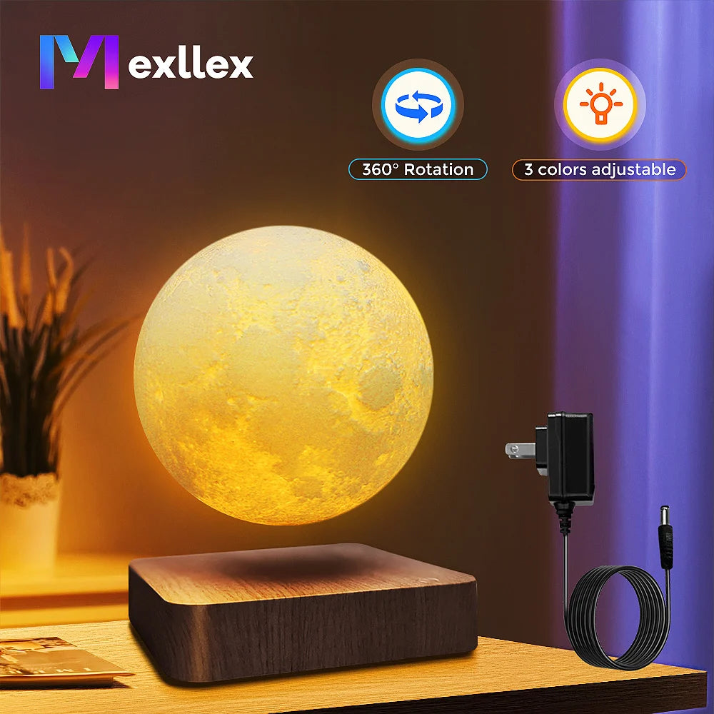 Magnetic Floating Rotating Moon Lamp with Wooden Base, 3 Color Temperature and LED Night Lights
