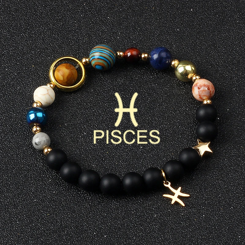 Universe Galaxy Eight Planets 12 Constellation Bracelets for Men and Women Natural Stone Solar System Bracelets Jewelry