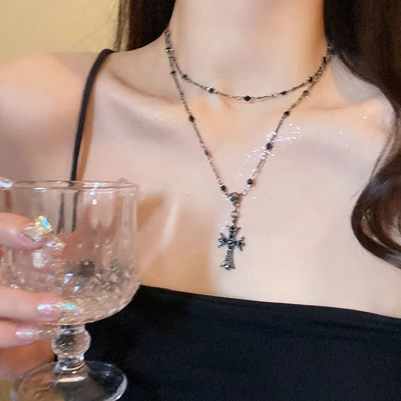 Summer Black Rhinestone Cross Jesus Pendant/Choker Necklace- Vintage Double Layer Chain
