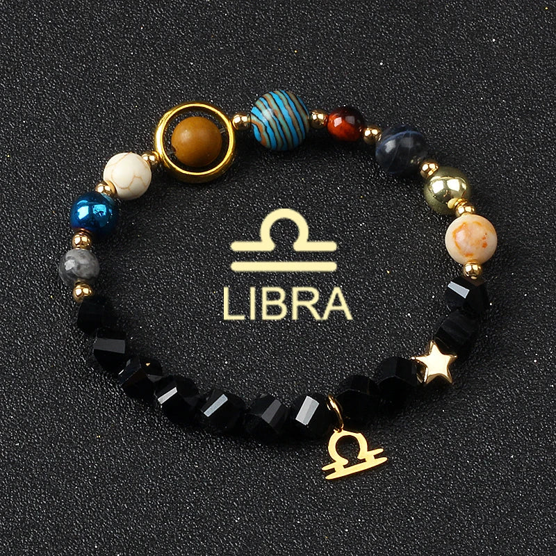 Universe Galaxy Eight Planets 12 Constellation Bracelets for Men and Women Natural Stone Solar System Bracelets Jewelry