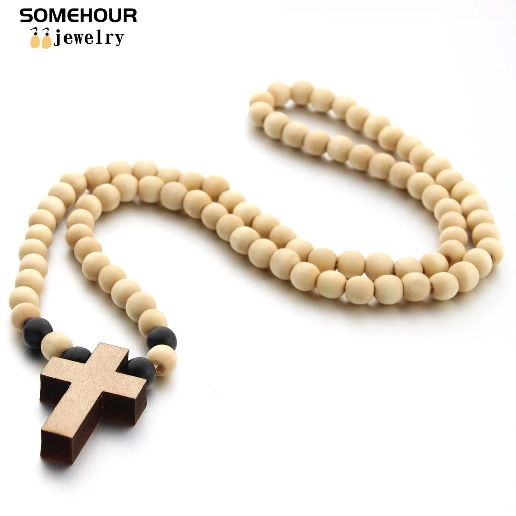 Vintage Cross Pendant Necklace and Bracelet 45cm Round Wood Beads- Rosary style