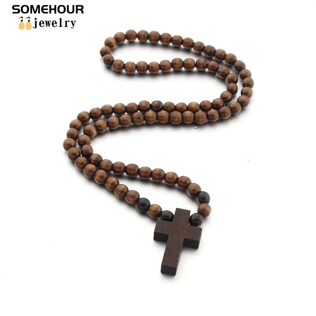 Vintage Cross Pendant Necklace and Bracelet 45cm Round Wood Beads- Rosary style