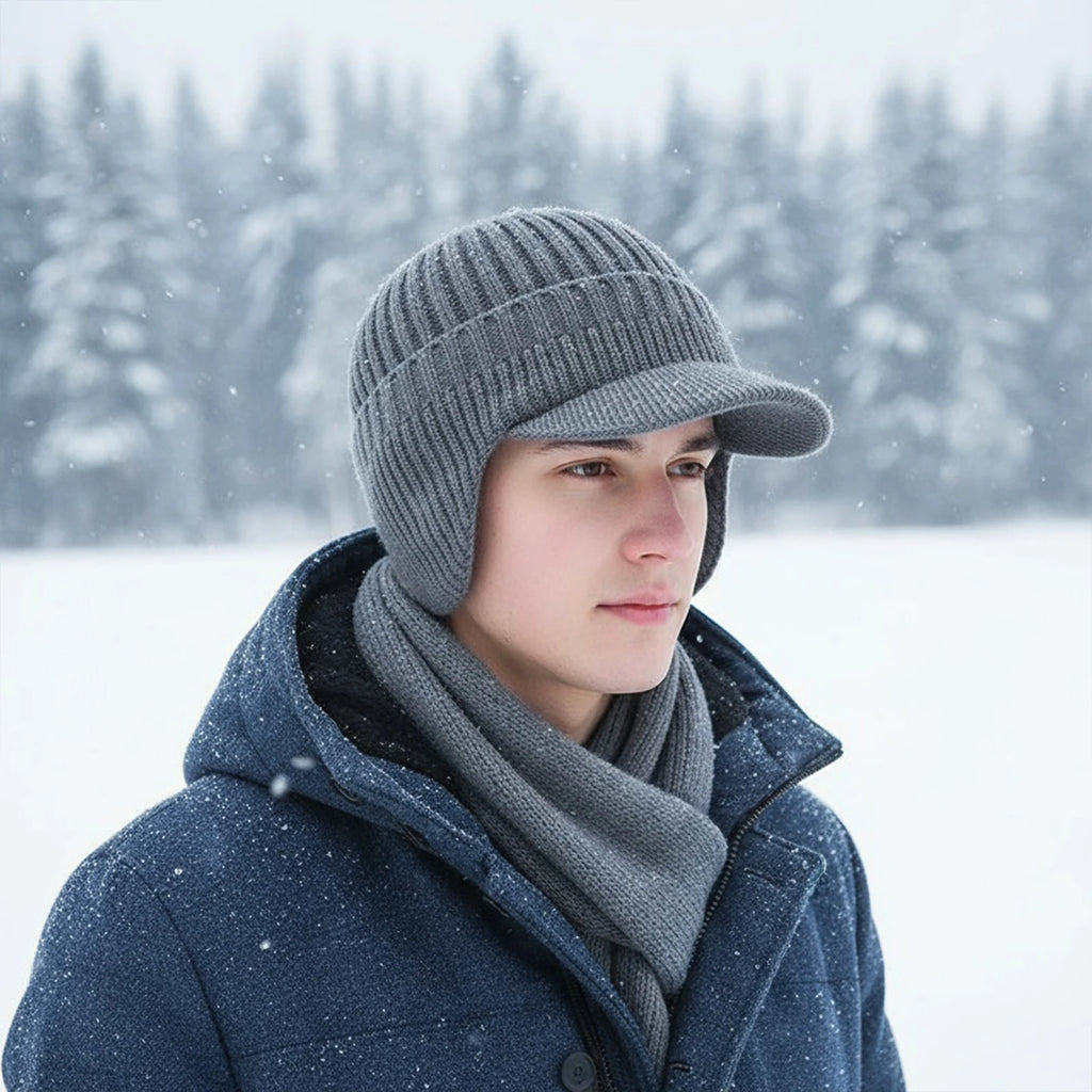 Winter Warm Fleece Lined Knit Hat for Women Men W/ Brim & Ear Flaps/ Elastic- Soft Beanie Hat for Cold Weather