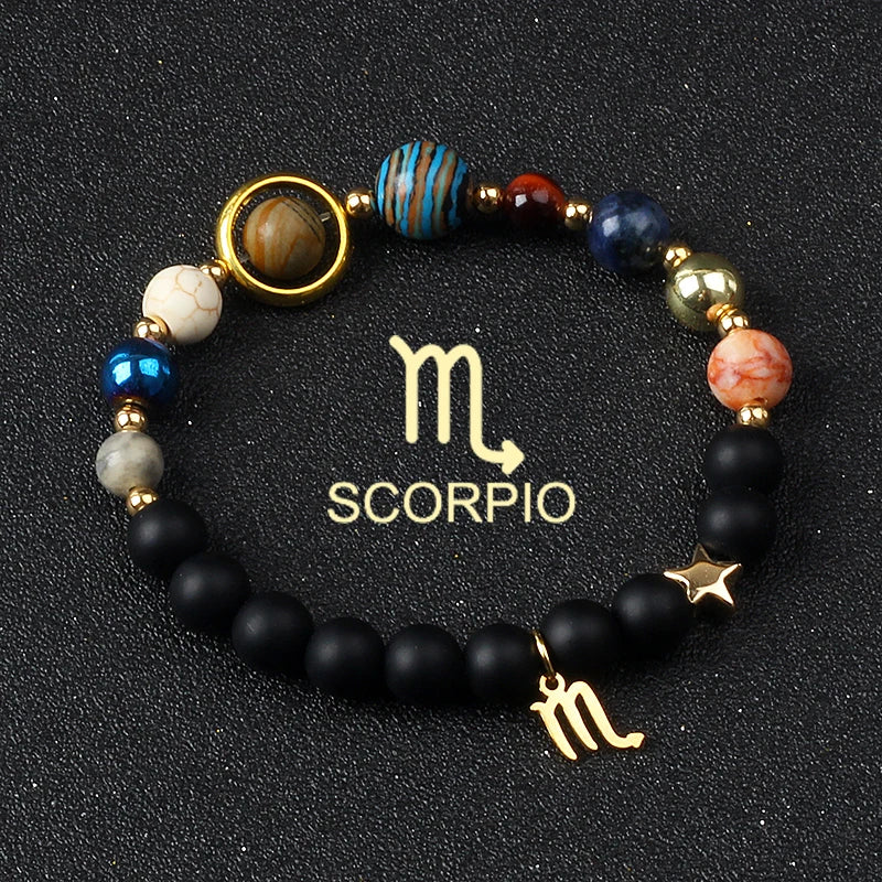 Universe Galaxy Eight Planets 12 Constellation Bracelets for Men and Women Natural Stone Solar System Bracelets Jewelry