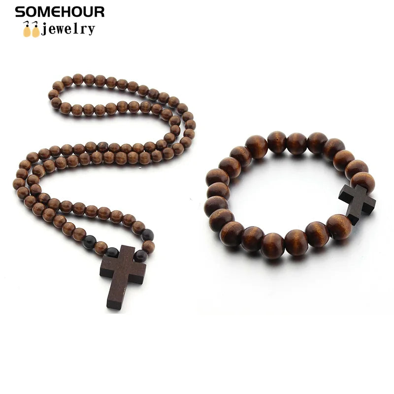 Vintage Cross Pendant Necklace and Bracelet 45cm Round Wood Beads- Rosary style
