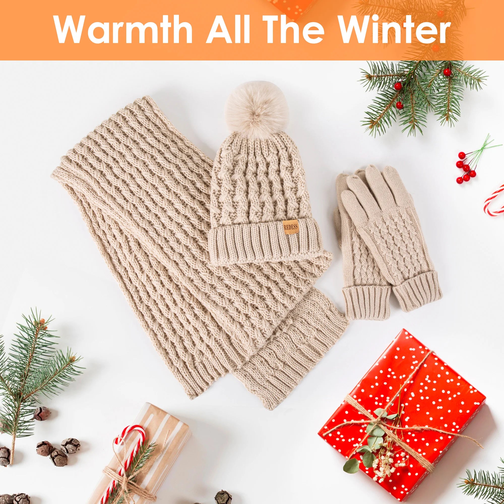 Women's Winter Beanie -Hat /Touchscreen Gloves with Long Neck Scarf / SET