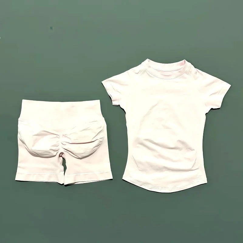 2 Pieces HISTELLO Sports Sets Short Sleeve Seamless Tops and Shorts