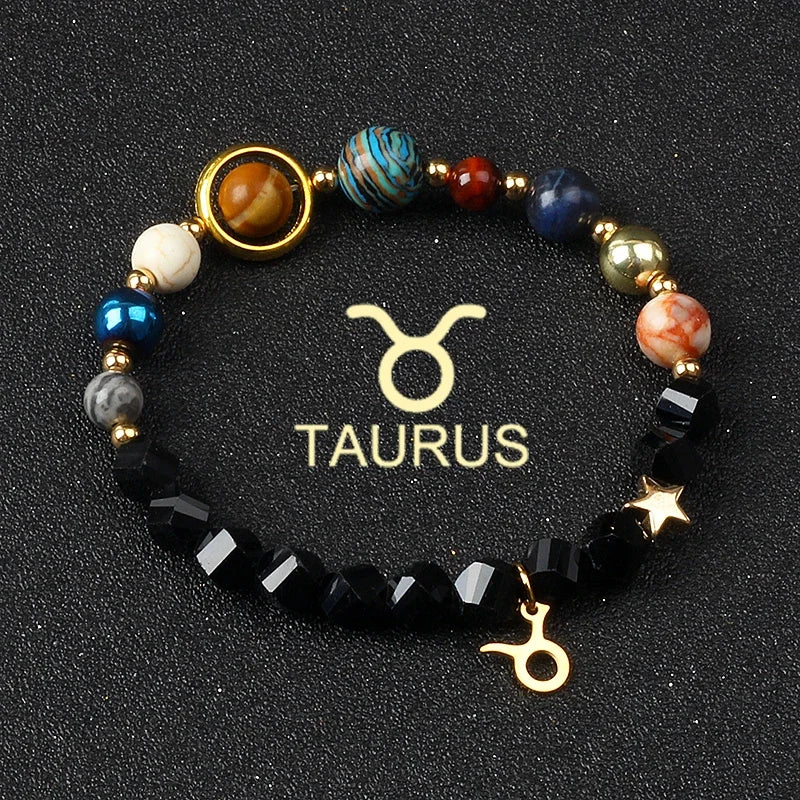 Universe Galaxy Eight Planets 12 Constellation Bracelets for Men and Women Natural Stone Solar System Bracelets Jewelry