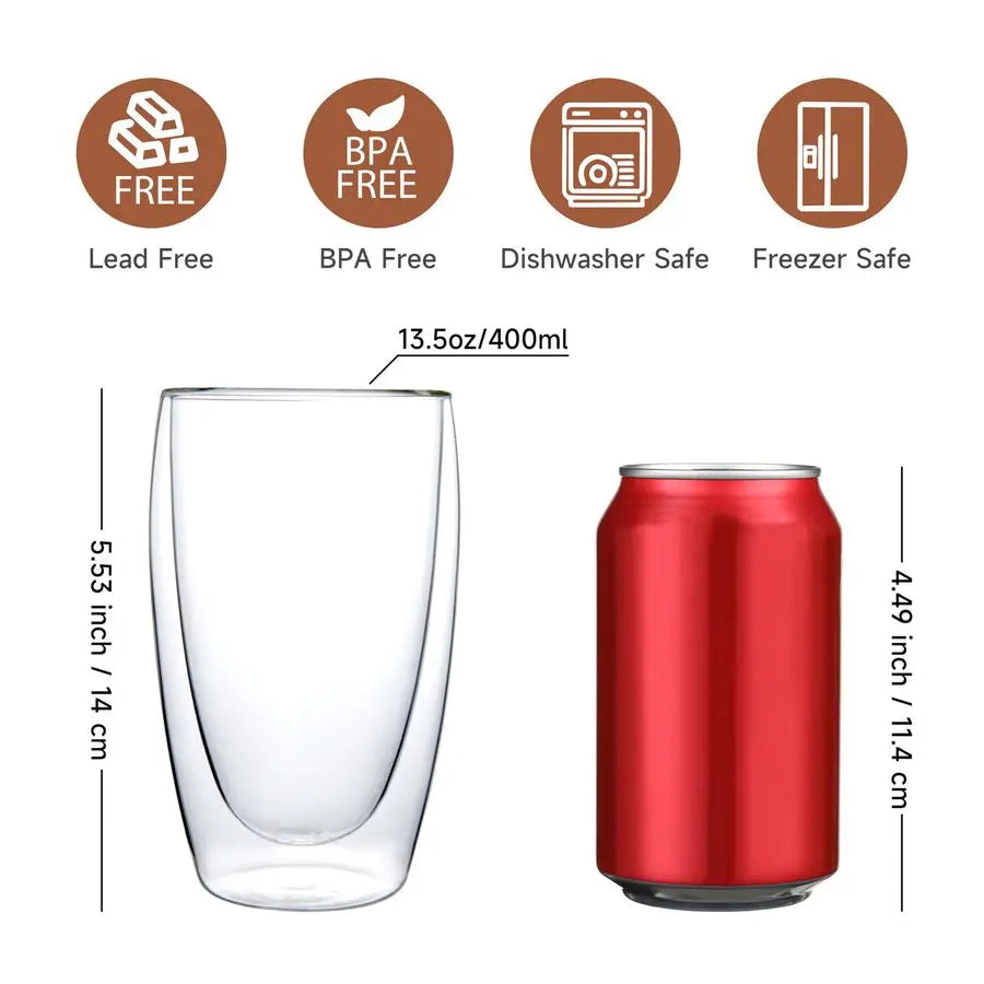 Double Wall Thermos Glass Coffee Cup 13.5 Oz, Clear Insulated for Latte, Cappuccino or Tea, Set of 4