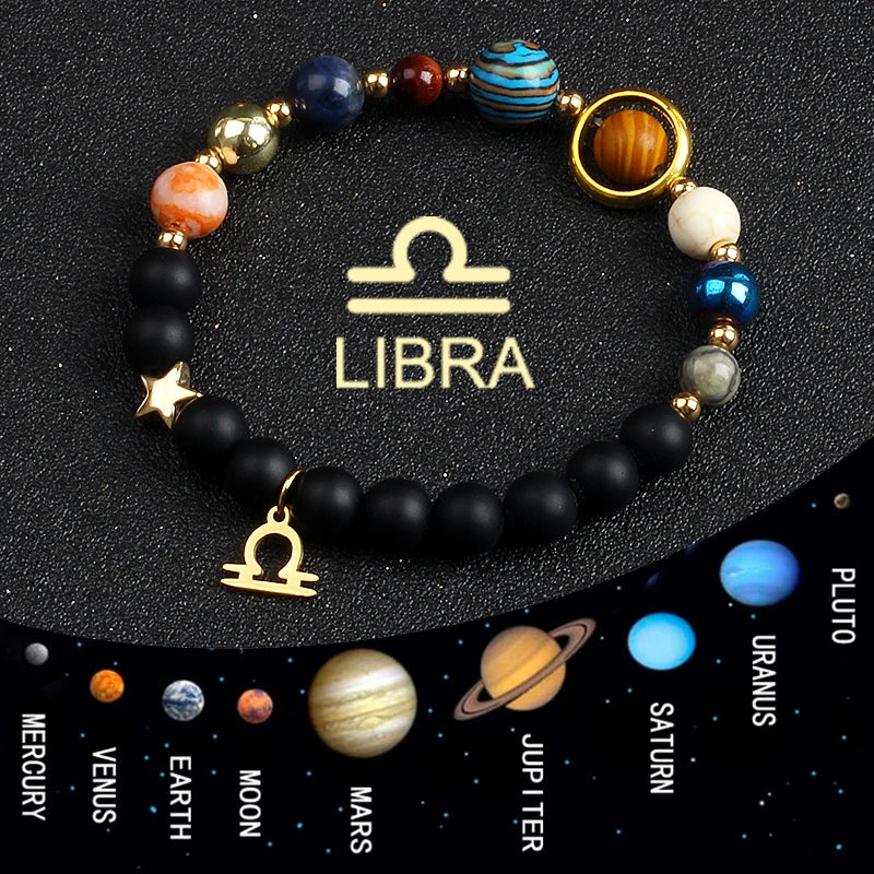 Universe Galaxy Eight Planets 12 Constellation Bracelets for Men and Women Natural Stone Solar System Bracelets Jewelry
