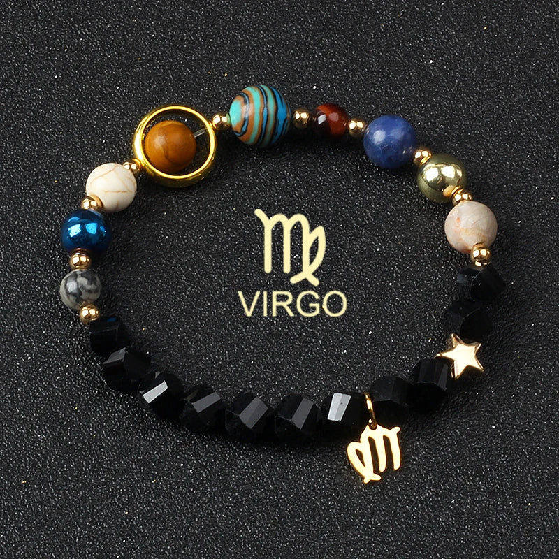 Universe Galaxy Eight Planets 12 Constellation Bracelets for Men and Women Natural Stone Solar System Bracelets Jewelry